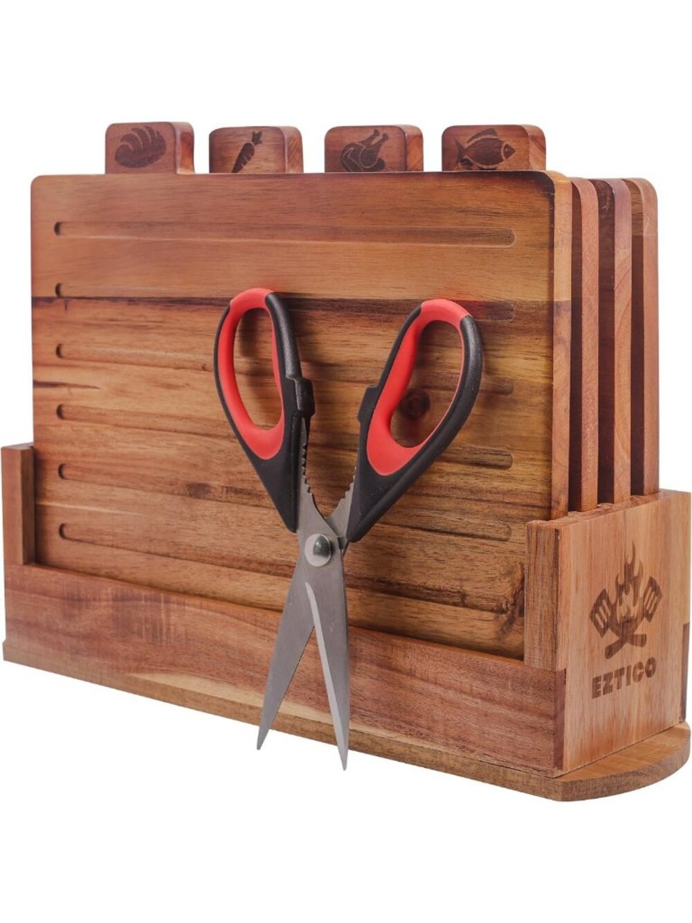 Set of 4 Acacia Wood Cutting Boards with Storage Stand & Juice Groove - Kitchen